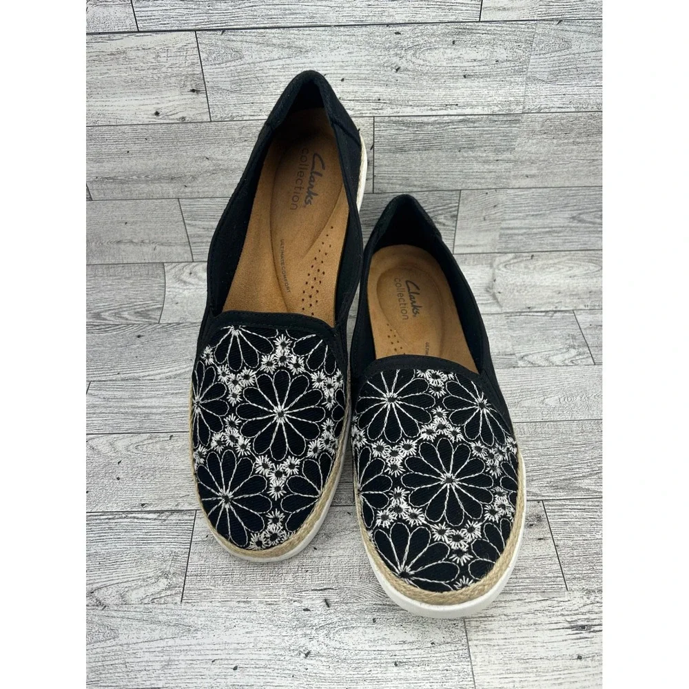 Clarks Collection Women Black Floral‎ Embroidered Slip On Espadrille Size 9.5M